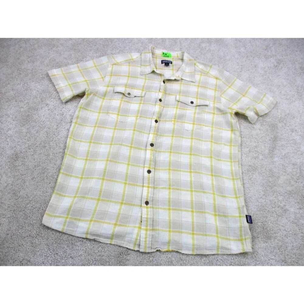 Patagonia Shirt Men Large White Yellow Plaid Steersman Hiking Casual Button Up * - Picture 2 of 14